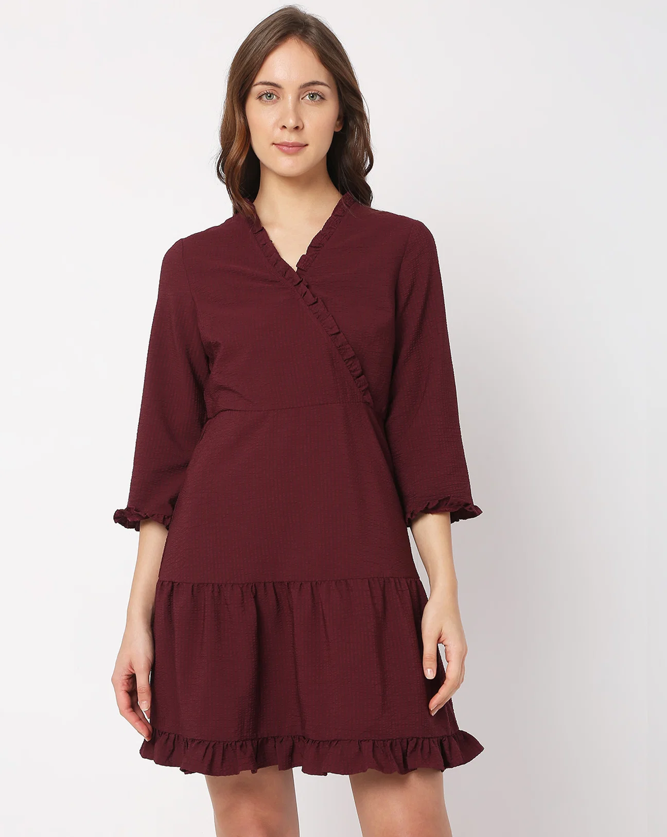 WINE MOCK WRAP SHIFT DRESS